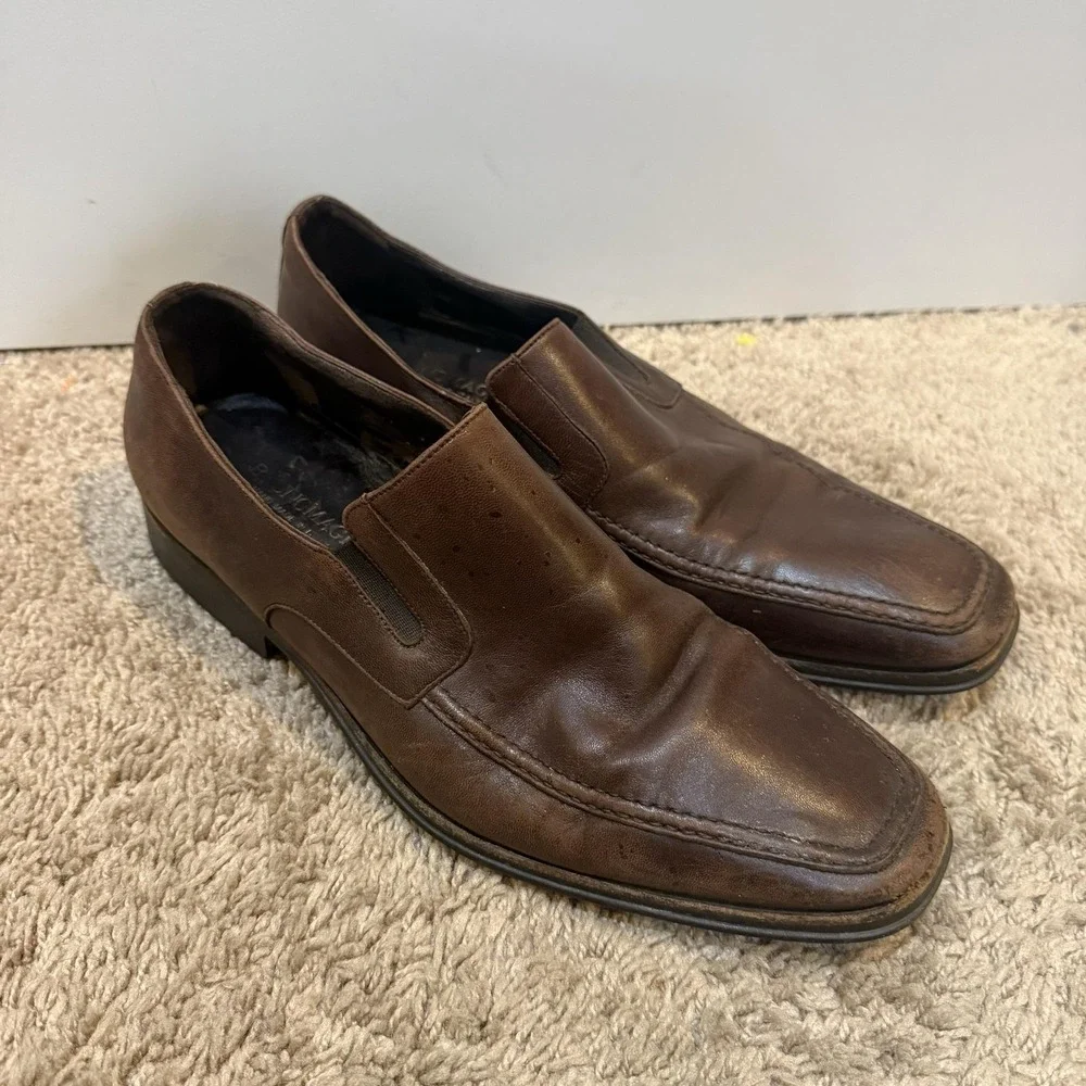 Bruno Magli Raging Shoes Mens Size 9.5 Brown Leather Slip On Square Toe Italy